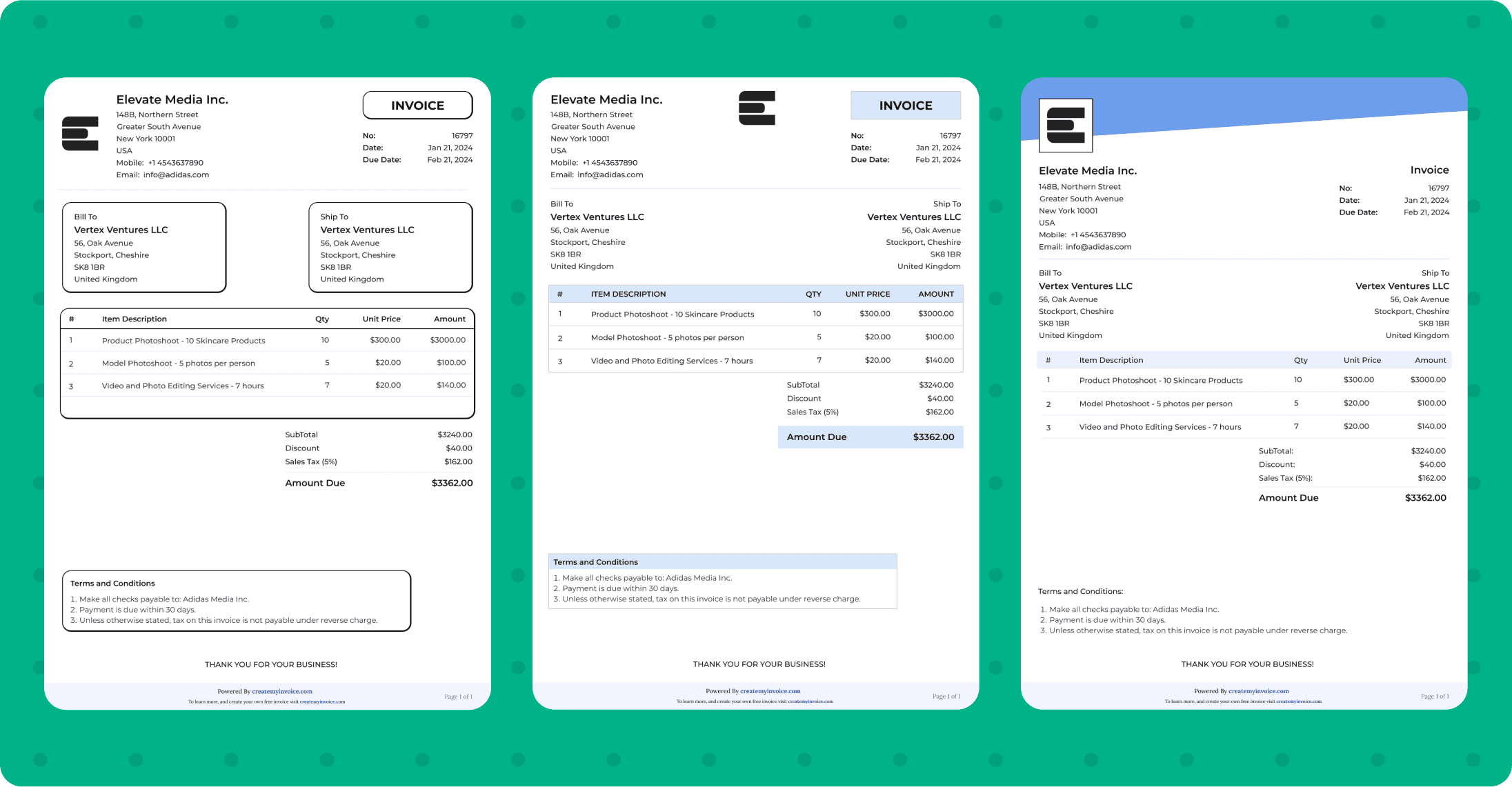 Invoice templates in collage format