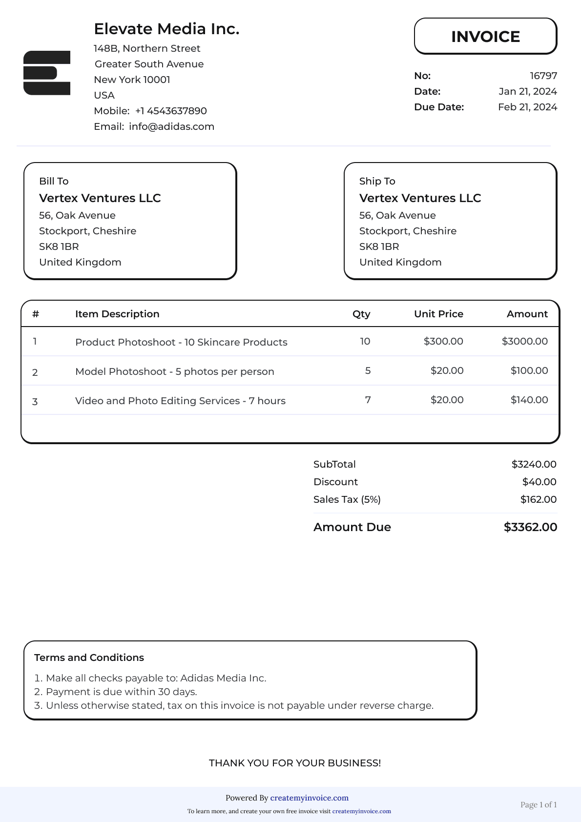Modern invoice maker template ideal for photographers and creative professionals